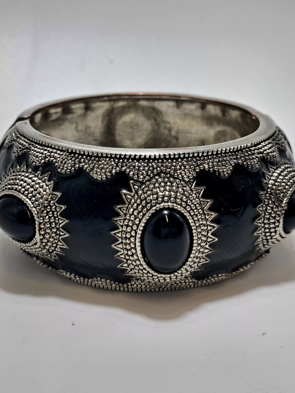 Black Stone Silver-Tone Accent Hinge Bangle Bracelet - Picture 4 of 5